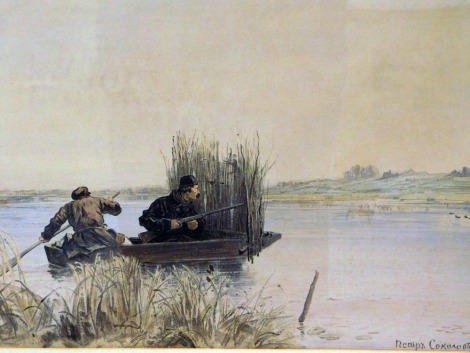 20thC Russian School. Duck Hunting, coloured print, 33cm x 44cm.