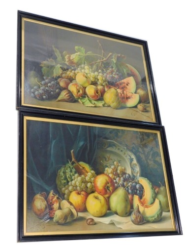 After Gr J. Still lives with fruit, coloured prints, a pair, 38cm x 67cm.