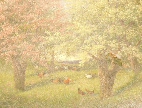 Claude Rouvier (20thC). Chickens in orchard, oil on canvas, signed, 41cm x 51cm