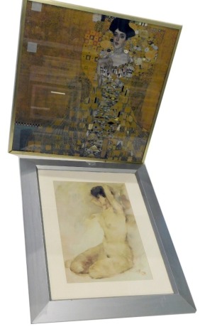 20thC Oriental School. Nude female, coloured print, 55cm x 36cm, and a print after Klimpt.