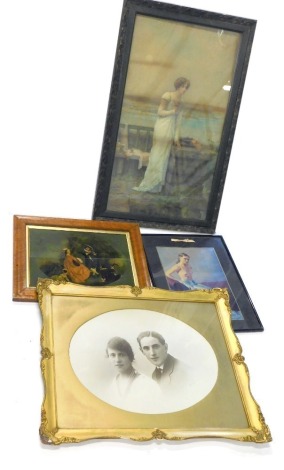 A print on glass titled The Garden, in maple frame, double photographic portrait in gilt frame, print of a lady, and a 1920s nude. (4)