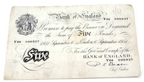 A Bank of England white five pound note, dated 6th September 1951, chief cashier Beele.