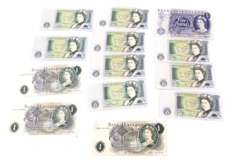 A collection of banknotes, to include a consecutive run of pound notes, chief cashier Gage, a five pound note chief cashier Hallam, and six further pound notes.