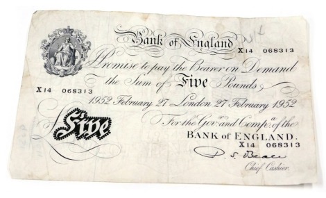 A Bank of England white five pound note, dated 27th February 1952, chief cashier Beele.