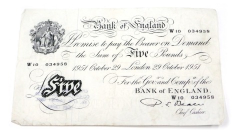 A Bank of England white five pound note, dated 29th October 1951, Chief cashier Beele.