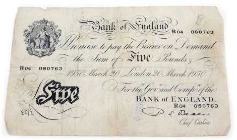 A Bank of England white five pound note, dated 20th March 1950, chief cashier Beele.