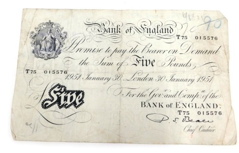 A Bank of England white five pound note, dated 30th January 1951, chief cashier Beele.