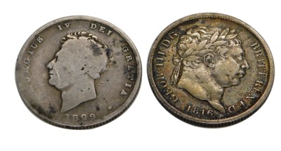 A George III 1816 shilling (VF) and a George IV 1829 shilling.