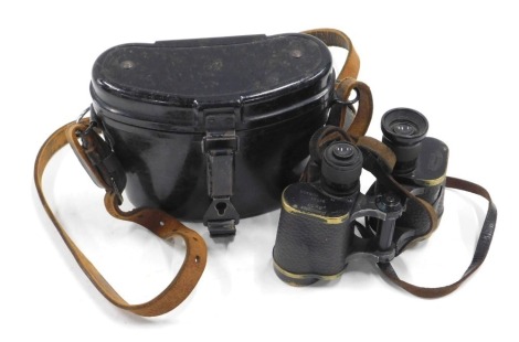 A pair of Diensglass German WWII binoculars, magnification of 60x30, serial number 21485, H/6400, also stamped Spindler and Hoyer Gottingen in metal carrying case.