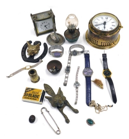 Miscellaneous items, to include two fox mask door knockers, a reproduction brass ship's clock, rectangular carriage clock, dress watches, etc.