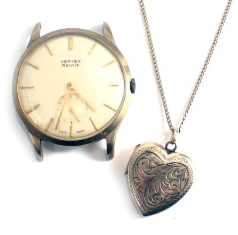 A Vertex Revue wristwatch head, with a silvered dial and second dials with gold hands, with reverse inscription to J Ward in Appreciation of many Years Loyal Service with Allen Gwynnes Pumps Limited 1964, and a 9ct gold heart shaped locket, on plated chai