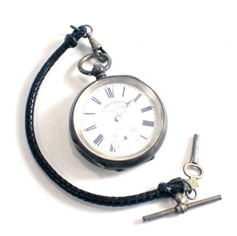 A JG Greaves of Sheffield pocket watch, with engine turned white metal case with reverse shield, white enamel dial with Roman numeric border and seconds dial, stamped 935, with cord watch chain, 87.1g all in.