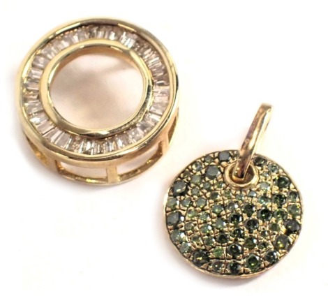 Two Gemporia pendants, each of circular form, comprising one set with peridot, in yellow metal unmarked, and another set with imitation diamonds, of disc design, yellow metal stamped 375, 3.1g all in. (2)