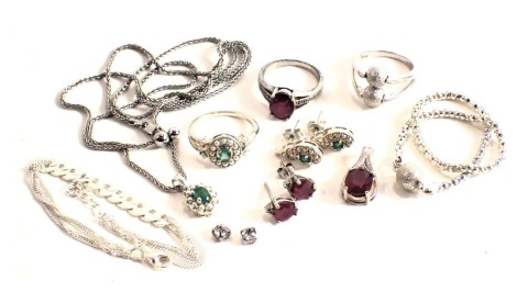 A group of Gemporia jewellery, comprising a green stone and seed pearl set jewellery suite, to include ring, necklace and earrings, each white metal stamped 925, an imitation garnet and CZ set pendant set, with pendant earrings and ring, and various white