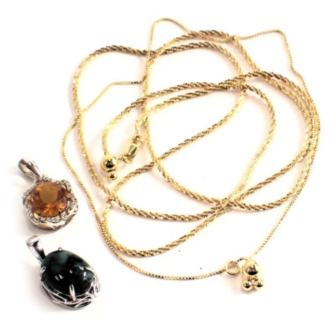 A group of Gemporia jewellery, comprising stone set white metal pendant stamped 925, two gold coloured white metal neck chains stamped 925. (4)