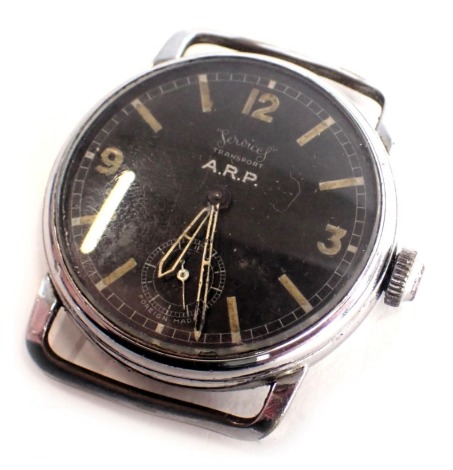 A Services Transport ARP wristwatch, with a blackened face and yellow painted numeric and baton borders, with pierced design hands and seconds border, in a stainless steel case, the dial 4cm diameter, 43.1g all in. (AF)