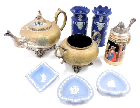 A silver plated teapot, a two handled bowl, dark blue Wedgwood Jasperware turreted vases (AF), three pale blue Jasperware pin dishes, and a beer stein.