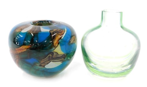 A Mdina Art Glass vase, in blue and brown glittered swirl decoration, signed to underside, 10cm high, and a green and blue twist design vase. (2)