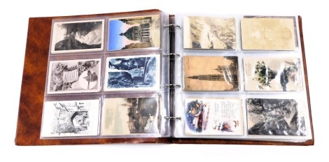 An early 20thC and later postcard album, to include black and white and coloured town scene postcards, mainly UK towns such as Portsmouth, Southend on sea, London, Blackpool, and others, enclosed in a brown album.