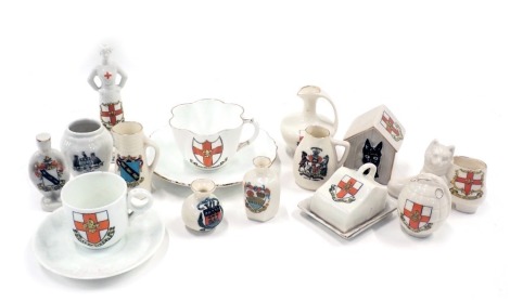 A group of W.H. Goss and other crested china, each bearing the crest for The City of Lincoln, to include cups and saucers, grenade, etc. (1 tray)