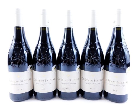 Five bottles of Chateau Sixtine Chateauneuf-du-Pape 2014 red wine.