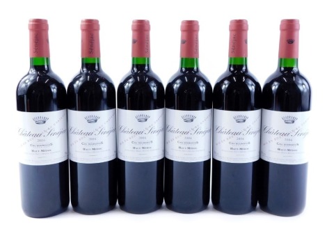 Six bottles of Chateau Senejac, Haut-Medoc red wine 2004.