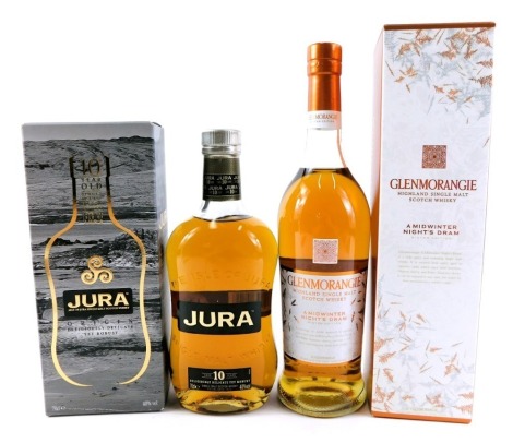 Two bottles of single malt scotch whisky, comprising The Isle of Jura single malt scotch whisky, origin collection, 70cl bottle, ten year aged, and a Glenmorangie Mid-winter Nights Dream edition, 70cl bottle, in cardboard sleeve. (2)