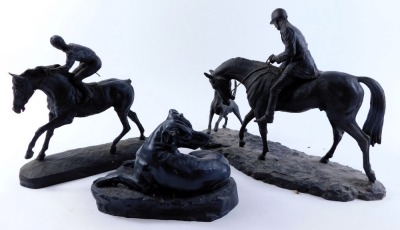 Three resin models, comprising a Capella of Dartington dog on rock, and two resin figures on horseback, one huntsman and one jockey, the largest 26cm high. - 2