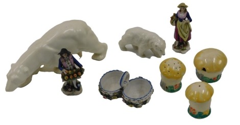 Miscellaneous ceramics, to include two polar bears, Art Deco toadstool cruet, two German porcelain figures, and a double flower encrusted salt.