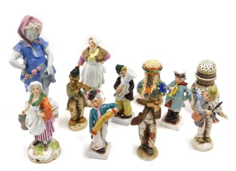 Continental porcelain, to include a floral painted sugar castor, similar pottery piece, and various figurines.