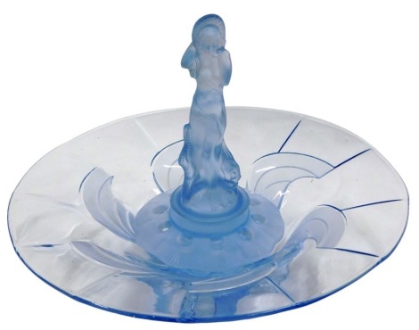 An Art Deco blue and clear glass centrepiece, with associated figurine, 30cm diameter.