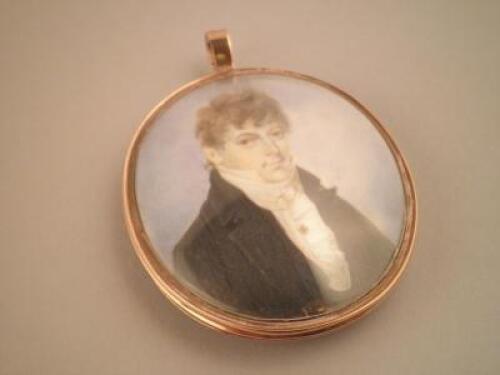 Early 19thC School. Portrait miniature of a gentleman wearing a black coat