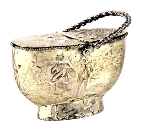 A continental white metal ornamental basket, with rope twist swing handle and two flap lid, embossed with nude figures, collecting wheat sheaf, previously gilded, unmarked, 0.84oz.