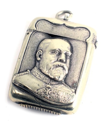 A silver plated novelty vesta case, cast with the bust of Edward VII.