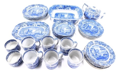 Spode blue and white tea wares, comprising six mugs, rectangular serving tray, teapot, two ramekins, six dinner plates, six medium plates, six bowls, and six side plate, various patterns and years. (2 trays)