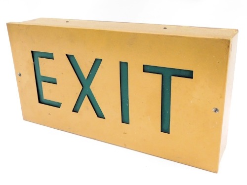 A gilt painted metal and plastic shop cinema exit sign, possibly 1920s/30s, 48cm wide.