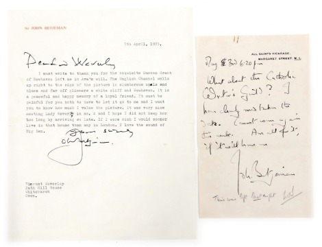 Two letters from Sir John Betjeman, to a Viscount Waverley, relating to a Duncan Grant of New Haven painting left to him in a will, and another letter relating to The Catholic Writer's Guild.