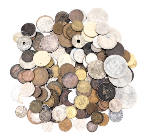 A quantity of coins, to include a small amount of silver, Indian 1913 one rupee, nickel silver crowns, etc.