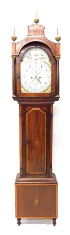 An early 19thC longcase clock, by John Parker of Louth, the arched painted dial decorated with gilt stylised fans, etc., in a mahogany fruit wood chequer banded case, 225cm high.