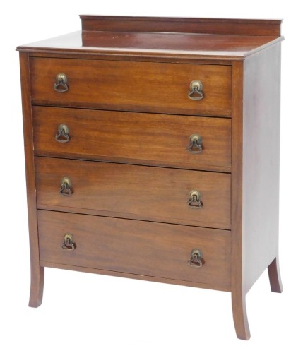 An early to mid 20thC mahogany chest of drawers, with a raised back above four drawers, each with drop handles, on splayed legs, 77cm wide.