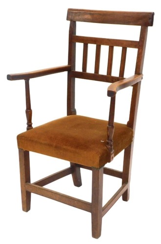 A 19thC yew open armchair, with rail back, shaped arms and a padded seat, on plain legs.