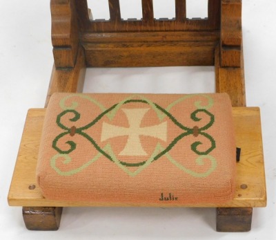 A late 19th/early 20thC oak prayer stand, with pierced gothic style panel, shaped supports, and wool work cushion, 79cm high, 56cm wide. - 2