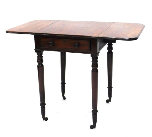 A 19thC mahogany work table, the rectangular top with two drop leaves above a frieze drawer, on turned tapering legs, 50cm wide.