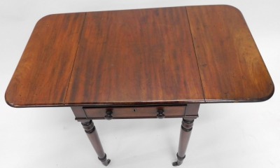 A 19thC mahogany work table, the rectangular top with two drop leaves above a frieze drawer, on turned tapering legs, 50cm wide. - 2