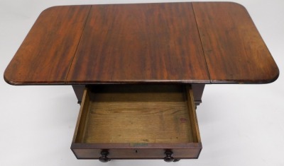 A 19thC mahogany work table, the rectangular top with two drop leaves above a frieze drawer, on turned tapering legs, 50cm wide. - 3