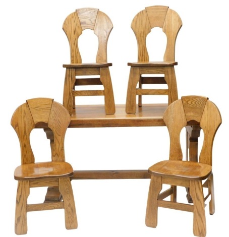 A Dutch oak dining room suite, comprising a refectory table with thick top and end supports, 67cm high, 160cm wide, 79cm deep, and four similar chairs, each with a solid seat.