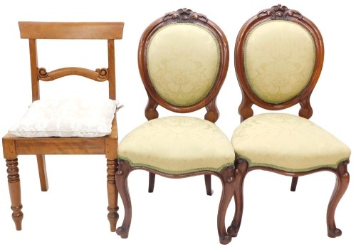 A pair of Victoria walnut balloon back chairs, each with a padded back and seat and another 19thC chair on cabriole legs. (3)