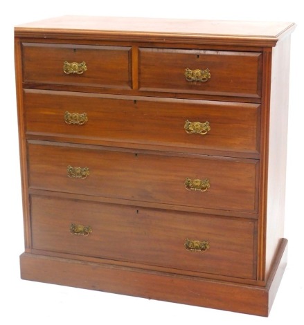 A late Victorian walnut chest of drawers, top with a moulded edge above two short and three long drawers, each with gilt brass handles, 104cm wide.