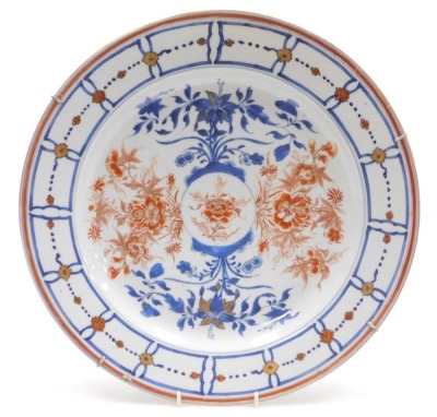 A Kangxi porcelain Imari charger, painted with flowers, within a panelled and flower head border, verso floral sprigs, 39cm wide.