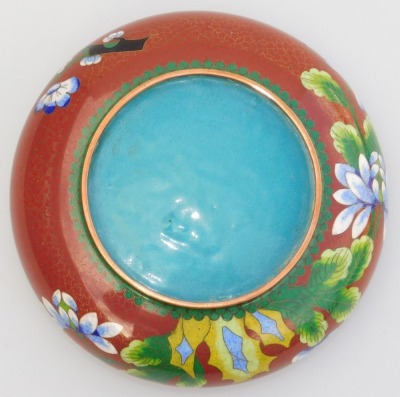 A Chinese iron red ground cloisonne enamel vase, of baluster form, decorated with blue flowers within a ground of gilt stars, 20.5cm high, and similar bowl, 16cm wide. (2) - 14